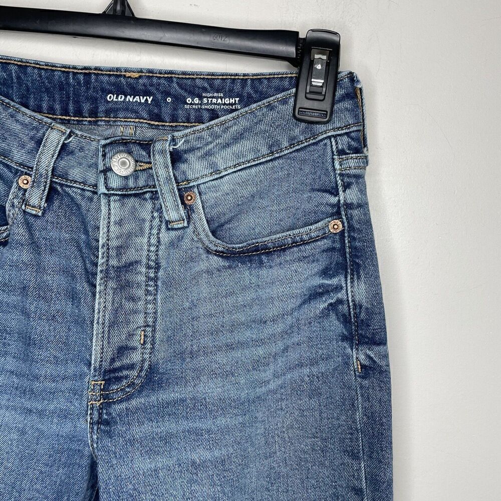 OLD NAVY Jeans Womens 0 OG Straight High Rise Button Fly Medium Wash Distressed - Picture 2 of 10